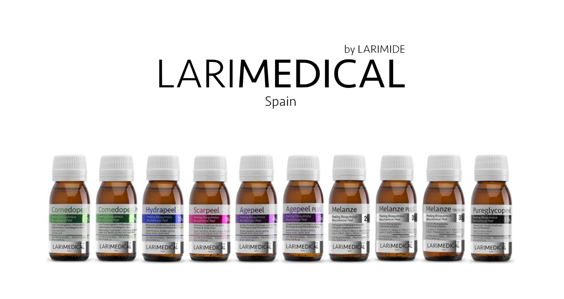 Ten bottles of LARIMEDICAL skincare products arranged in a row with labels indicating different treatments.